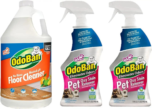 OdoBan Pet Solutions Oxy Stain Remover, Made in the USA, 2-Pack, 32 Ounce Sprays Each, and Neutral pH Floor Cleaner Concentrate, 1 Gallon