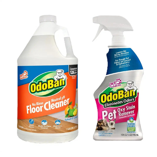 OdoBan Pet Solutions No Rinse Neutral pH Floor Cleaner Concentrate, Made in the USA, 1 Gallon, and Oxy Stain Remover, 32 Ounce Spray