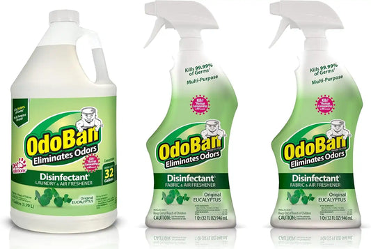OdoBan Ready-to-Use Disinfectant and Odor Eliminator, Made in the USA, Original Eucalyptus Scent, Set of 3, 2 Spray Bottles, 32 Ounces Each and 1 Gallon Concentrate