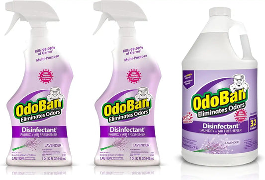 OdoBan Ready-to-Use Disinfectant and Odor Eliminator, Made in the USA, Lavender Scent, Set of 3, 2 Spray Bottles, 32 Ounces Each and 1 Gallon Concentrate