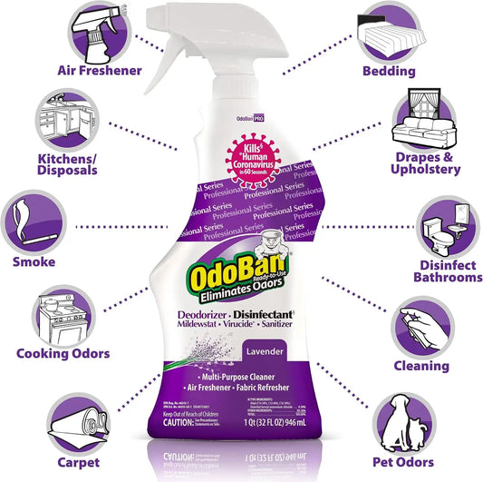 OdoBan Professional Disinfectant and Odor Eliminator Ready-to-Use Spray, Made in the USA, Lavender Scent, 4-Pack, 32 Ounces Each