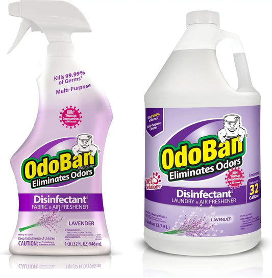 OdoBan Ready-to-Use Disinfectant and Odor Eliminator, Made in the USA, Lavender Scent, Set of 2, 32 oz Spray and 1 Gallon Concentrate