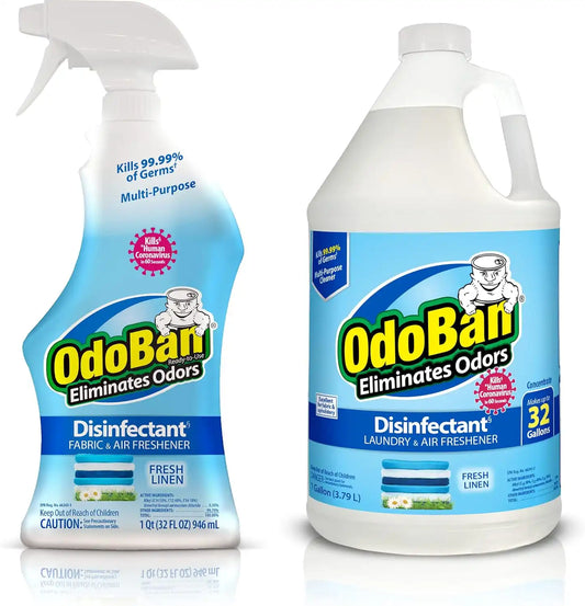 OdoBan Ready-to-Use Disinfectant and Odor Eliminator, Made in the USA, Fresh Linen Scent, Set of 2, 32 oz Spray and 1 Gallon Concentrate