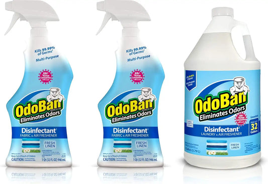 OdoBan Ready-to-Use Disinfectant and Odor Eliminator, Made in the USA, Fresh Linen Scent, Set of 3, 2 Spray Bottles, 32 Ounces Each and 1 Gallon Concentrate